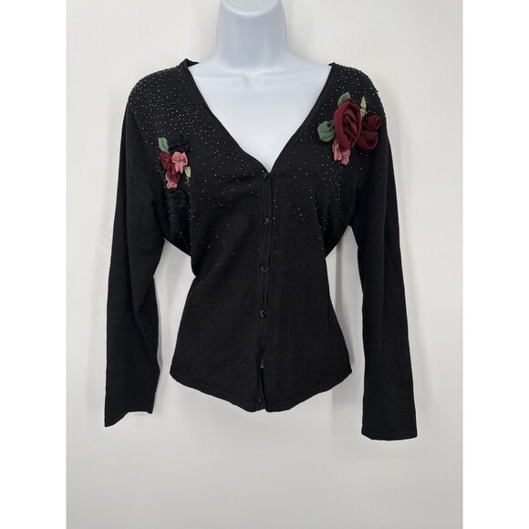 Vintage Tiara International Embroidered Cardigan Black Floral Sweater Womens M - Picture 7 of 13